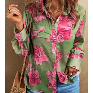 NWT Rose Floral Pleated Button Down  Blouse Shirt